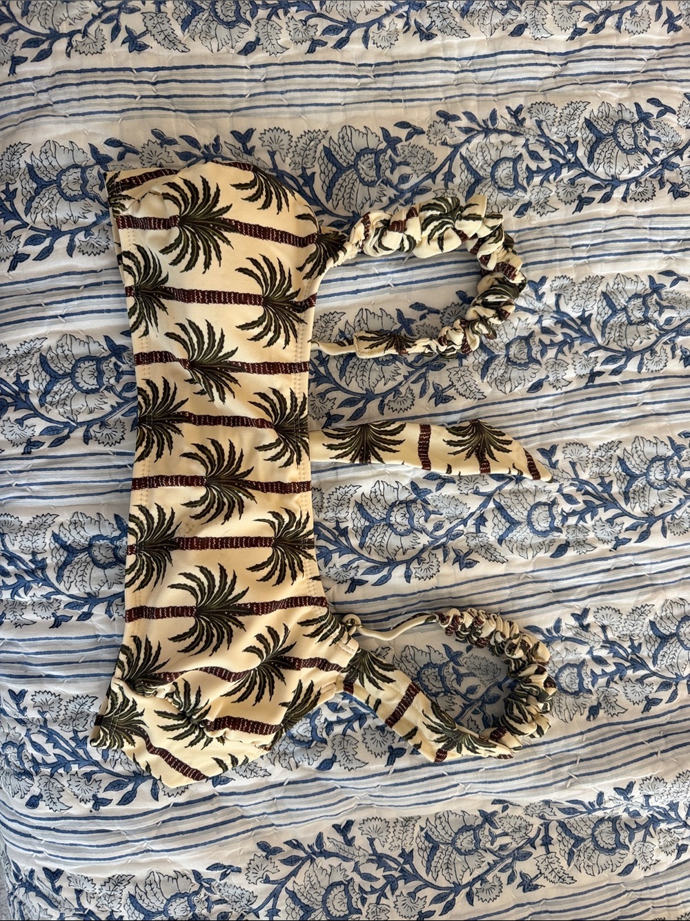 aerie Cream Palm-Print Bikini Top with Brown & Green Palms